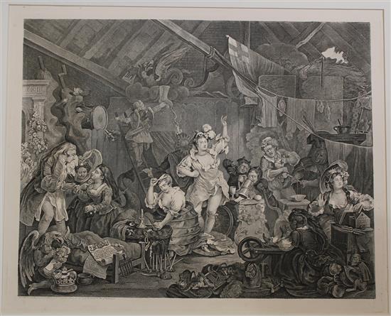 William Hogarth Morning, Noon, Evening and Night and Strolling Actresses dressing in a barn, 19.5 x 16in. & 18 x 22.5in., unframed